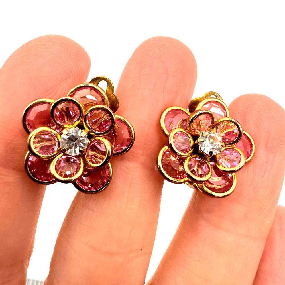 Vtg MCM Pink Crystal Petal Flower Cluster Clip On Earrings Gold Electroplated